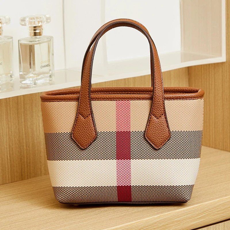 Burberry Mini Tote Bag Beige Brown Red Check Handbag