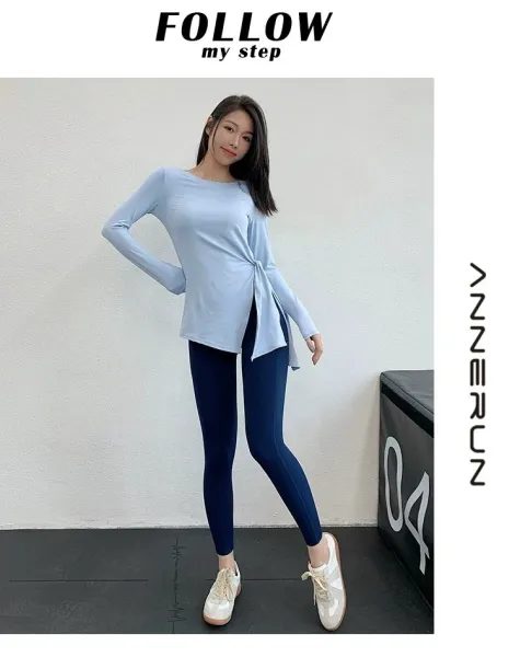 Design Side-Tie Long Sleeve Top in Light Blue with Navy Leggings Activewear - 8