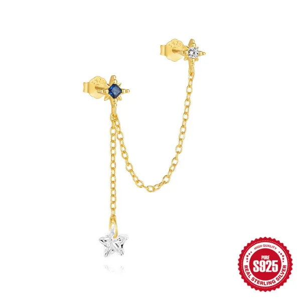 Design S925 Sterling Silver Star Chain Earrings with Blue and Clear Cubic Zirconia Jewelry - 1