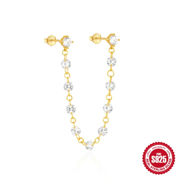 Design S925 Sterling Silver Crystal Chain Drop Earrings Gold-Plated Jewelry - 1