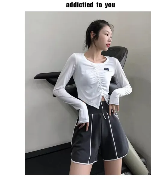 Design Long Sleeve Ruched Crop Top White Activewear - 23