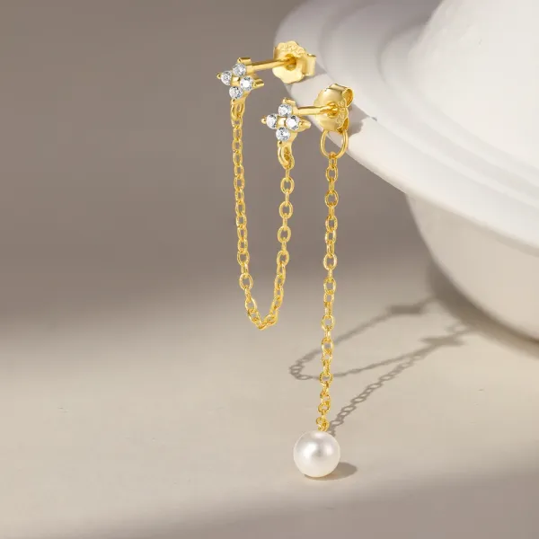 Design S925 Sterling Silver Gold-Plated Pearl Drop Chain Earrings Jewelry - 17