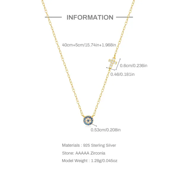 Design S925 Sterling Silver Evil Eye and Cross Pendant Necklace Gold Plated Jewelry - 3