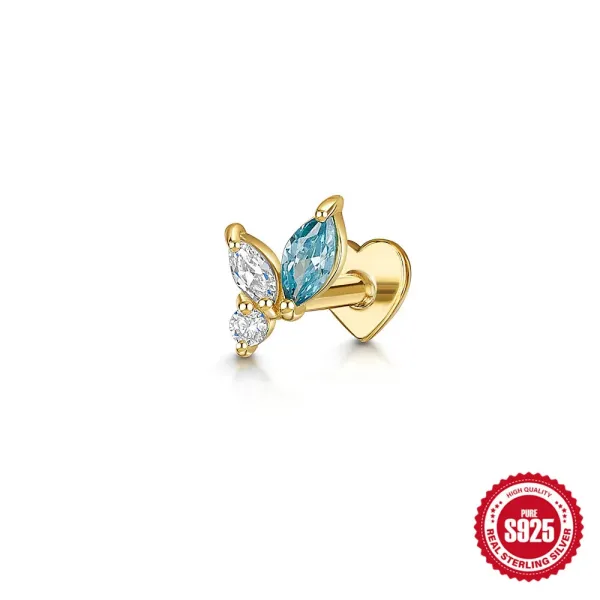 Design S925 Sterling Silver Butterfly Lab-Created Aquamarine & CZ Cartilage Earring Jewelry - 1