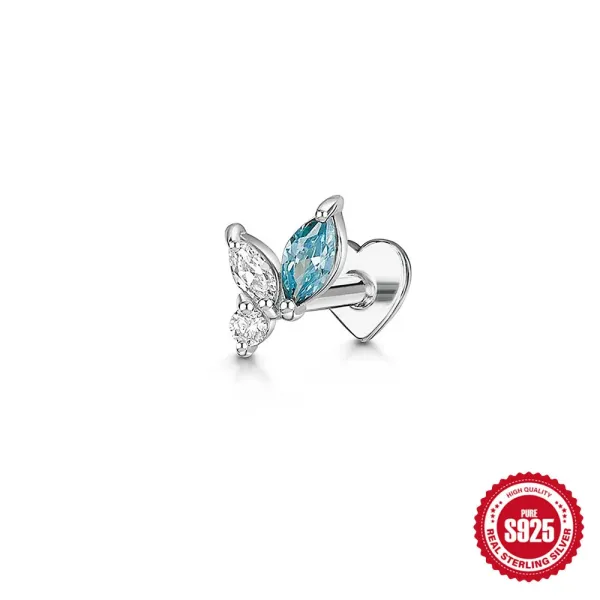 Design S925 Sterling Silver Butterfly Lab-Created Aquamarine & Cubic Zirconia Tragus Stud Earring Jewelry - 1