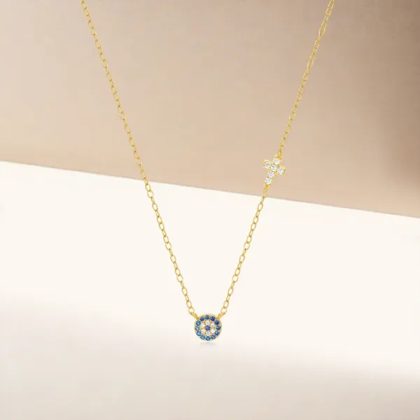 Design S925 Sterling Silver Evil Eye and Cross Pendant Necklace Gold Plated Jewelry - 8