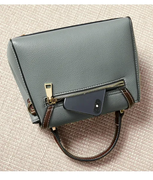 Design Structured Leather Satchel in Gray and Brown Handbag - 13