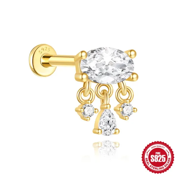 Design S925 Sterling Silver Gold-Plated Oval CZ Dangle Labret Piercing Jewelry - 1