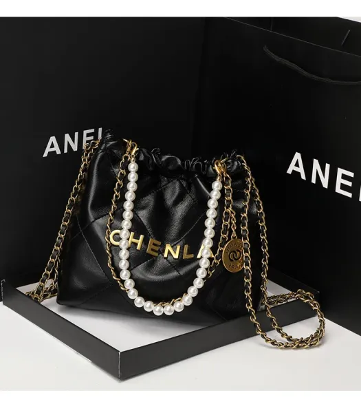 Design Chenla Quilted Drawstring Chain Bag Black Shoulder Bags - 12