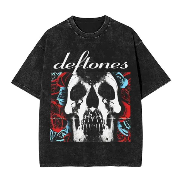 Design Deftones Skull & Roses Black Acid Wash T-Shirt T-Shirts - 1