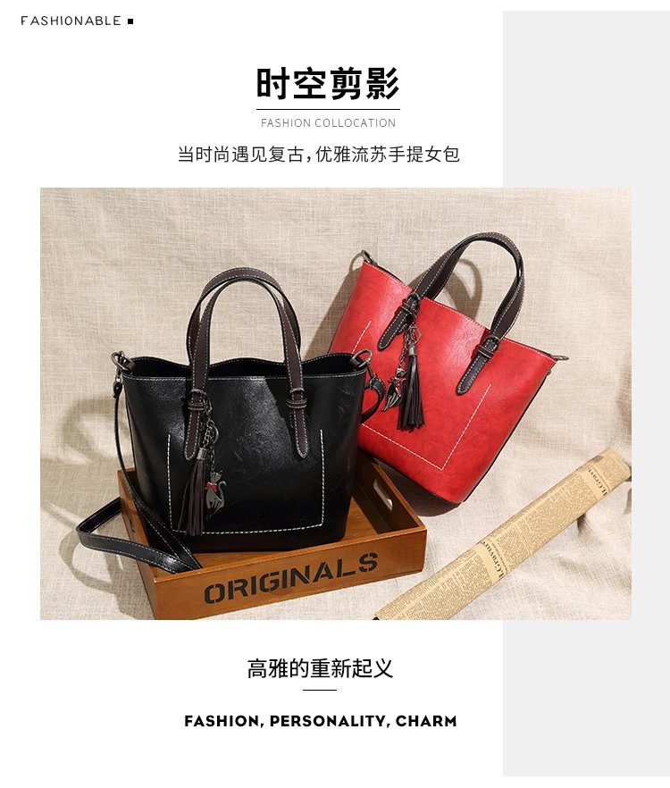 Design Tassel Detail Red Leather-look Tote Handbag Tote Bag - 3