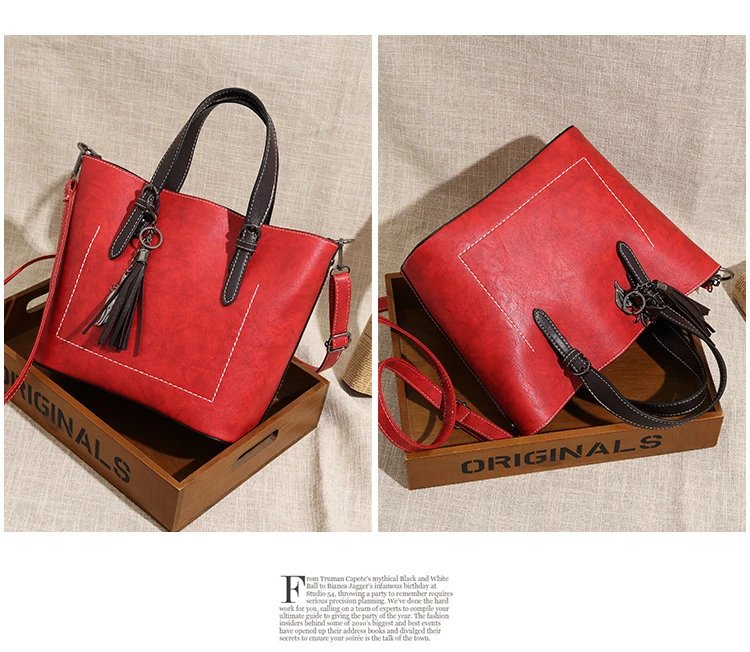 Design Tassel Detail Red Leather-look Tote Handbag Tote Bag - 28