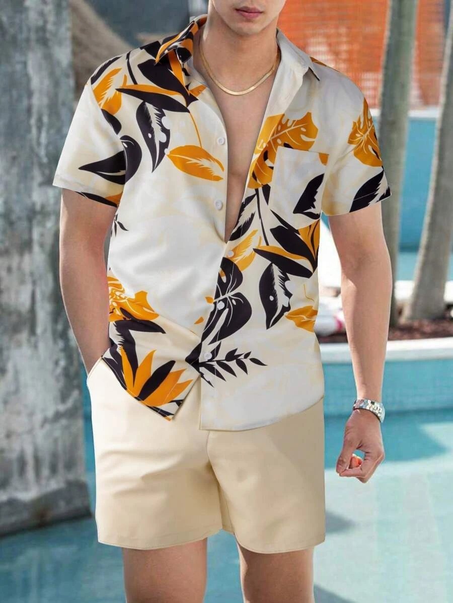 Design Hawaiian Print Button-Up Shirt Navy Yellow Shorts Set - 6