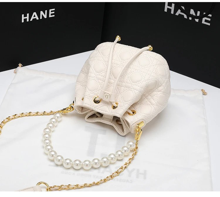 HANE Quilted Pearl-Embellished Pink Bucket Bag Handbags - 16