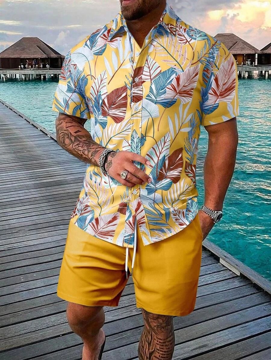 Design Hawaiian Print Button-Up Shirt Navy Yellow Shorts Set - 10