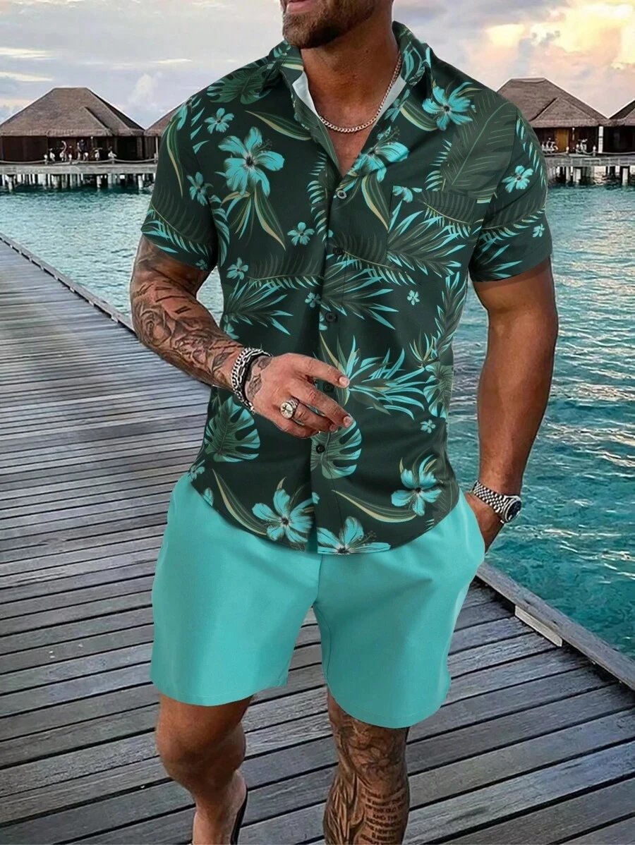 Design Hawaiian Print Button-Up Shirt Navy Yellow Shorts Set - 14