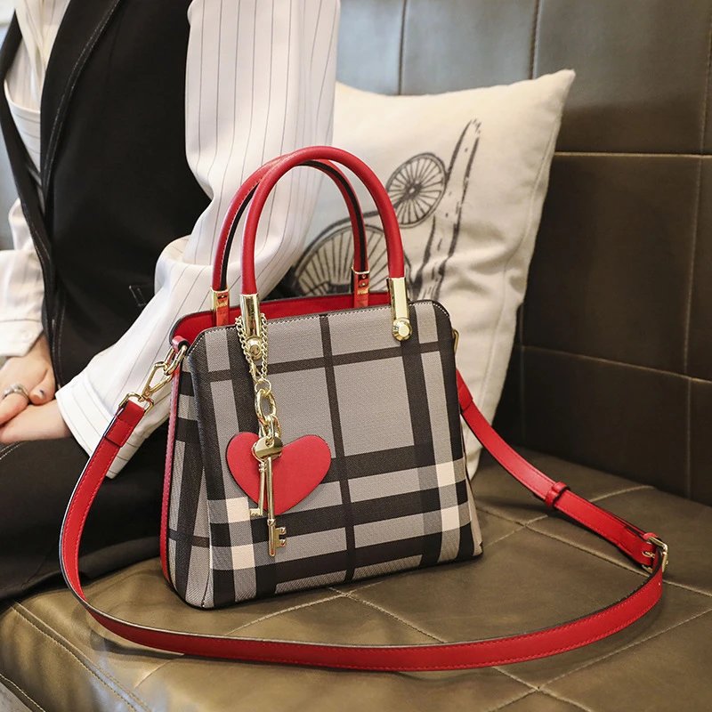 Design Red and Gray Plaid Handbag