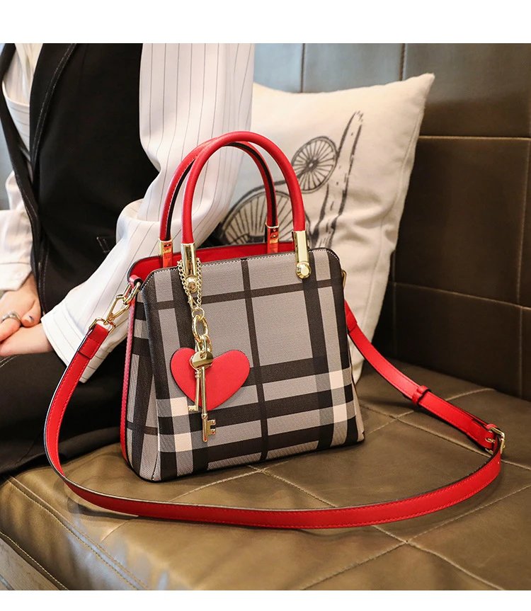 Design Black and Beige Plaid Handbag - 12