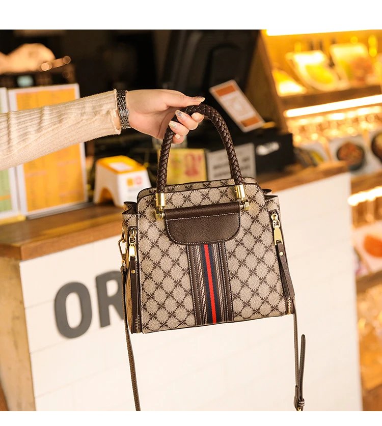 Design Quilted Diamond Pattern Handbag with Striped Strap Beige Brown Red Handbag - 14