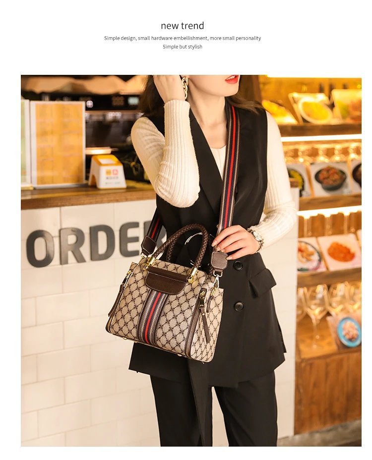 Design Quilted Diamond Pattern Handbag with Striped Strap Beige Brown Red Handbag - 20