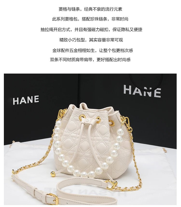 HANE Quilted Pearl-Embellished Pink Bucket Bag Handbags - 3