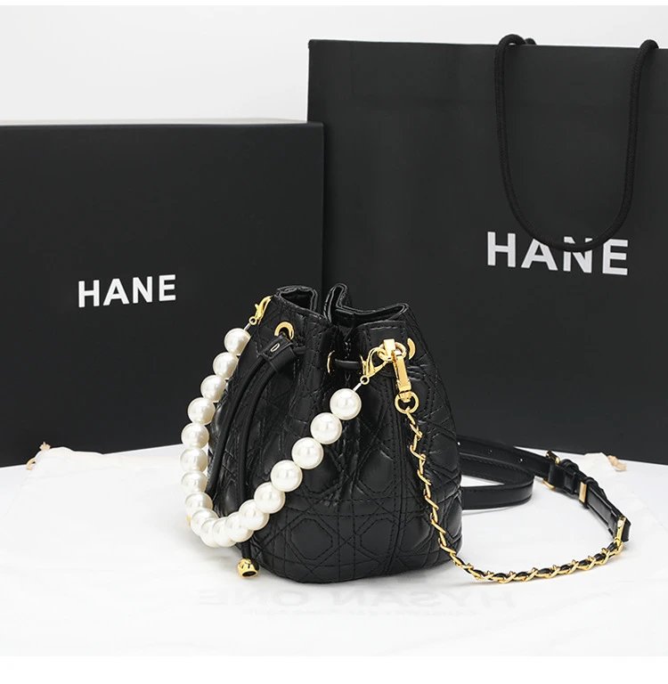 HANE Quilted Pearl-Embellished Pink Bucket Bag Handbags - 19