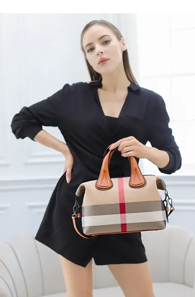 Burberry Check Pattern Boston Bag Beige Brown Handbag - 11
