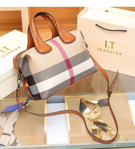 Burberry Check Pattern Boston Bag Beige Brown Handbag - 18