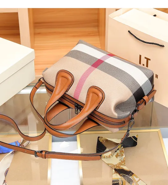 Burberry Check Pattern Boston Bag Beige Brown Handbag - 21