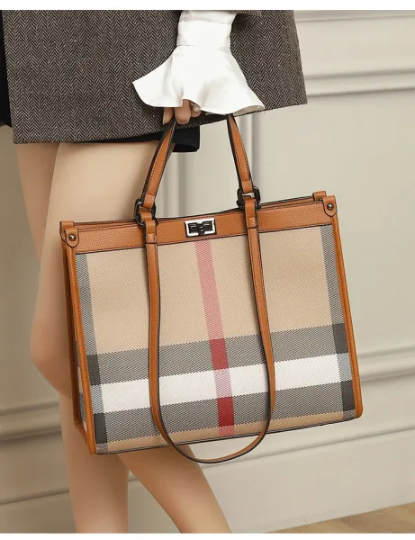 Burberry Check Tote Bag Beige Brown Grid Handbag - 13