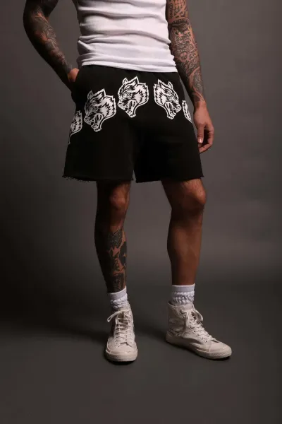 Wolves Club Wolf Head Print Black Shorts - 23