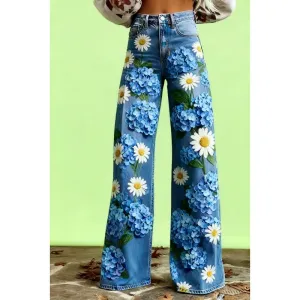 Design Floral Embroidered Wide-Leg Jeans Blue