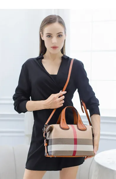 Burberry Check Pattern Boston Bag Beige Brown Handbag - 14
