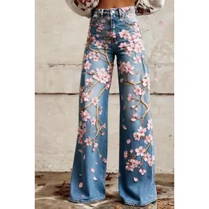 Design Floral Embroidered Wide-Leg Jeans Blue