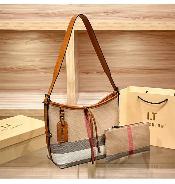 Design I.T Fashion Checkered Hobo Bag Set Beige Multicolor Shoulder Bags - 8