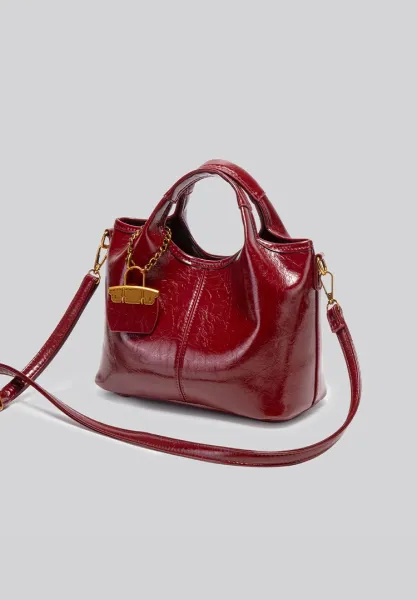 Design Mini Top-Handle Bag with Lock Charm Burgundy Handbag - 14