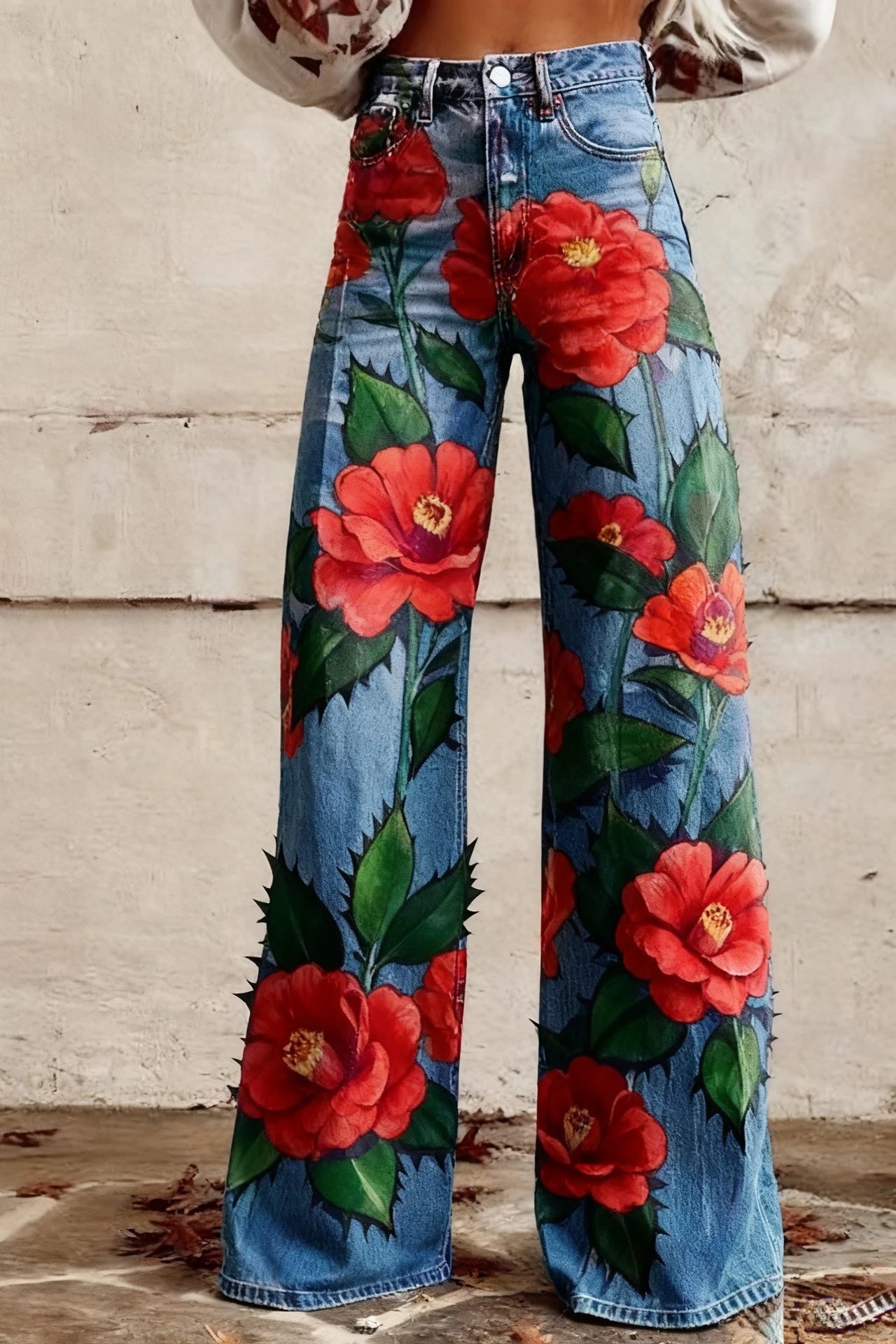 Design Floral Print Wide-Leg Jeans Blue - 3