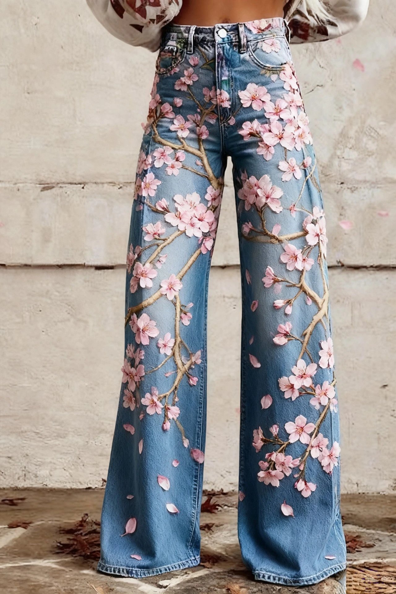 Design Floral Print Wide-Leg Jeans Blue - 7