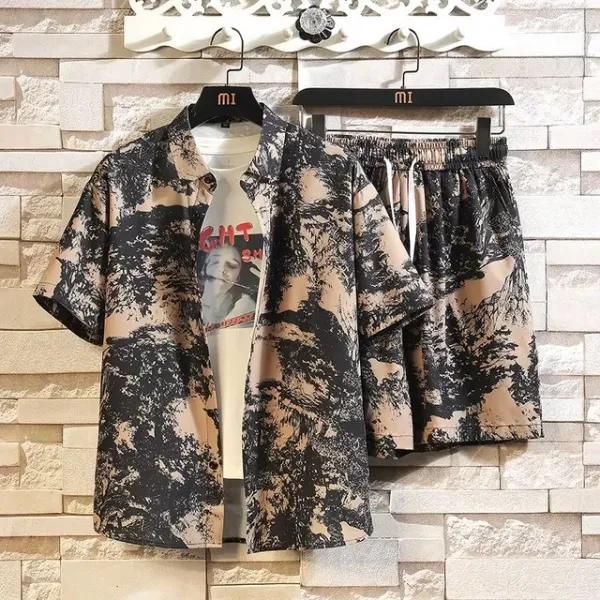 Design Floral Print Blue Short-Sleeve Shirt and Shorts Set - 2