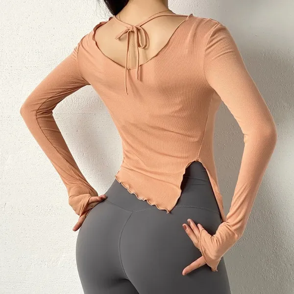 Design Ribbed Long Sleeve Crop Top with Back Tie Detail Peach Activewear Top - 1