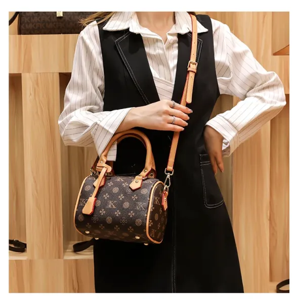 Design Boston Bag with Monogram Print Brown and Beige Handbag - 20