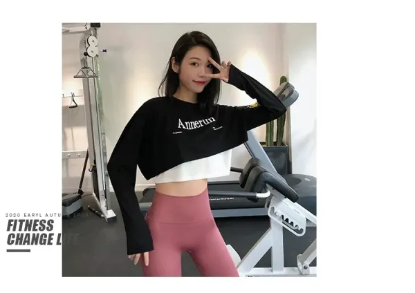 Alo Yoga Cropped Long-Sleeve Top Black / White with Pink Leggings Activewear - 30