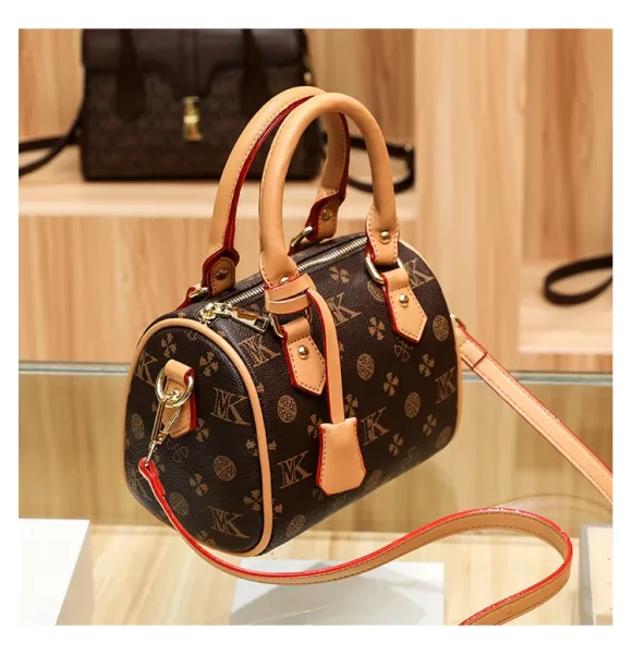 Design Boston Bag with Monogram Print Brown and Beige Handbag - 25