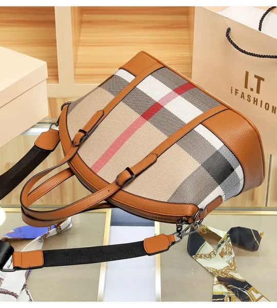 Burberry Check Print Boston Bag Tan Handbags - 20