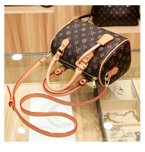 Design Boston Bag with Monogram Print Brown and Beige Handbag - 30