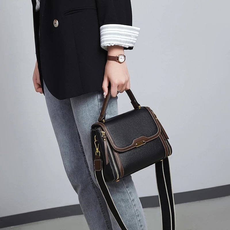 Structured Leather Satchel in Gray and Brown Handbag