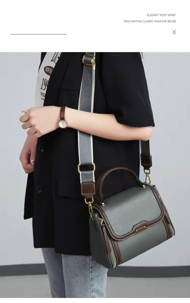 Design Structured Leather Satchel in Gray and Brown Handbag - 15