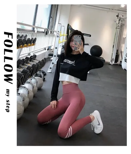 Alo Yoga Cropped Long-Sleeve Top Black / White with Pink Leggings Activewear - 32