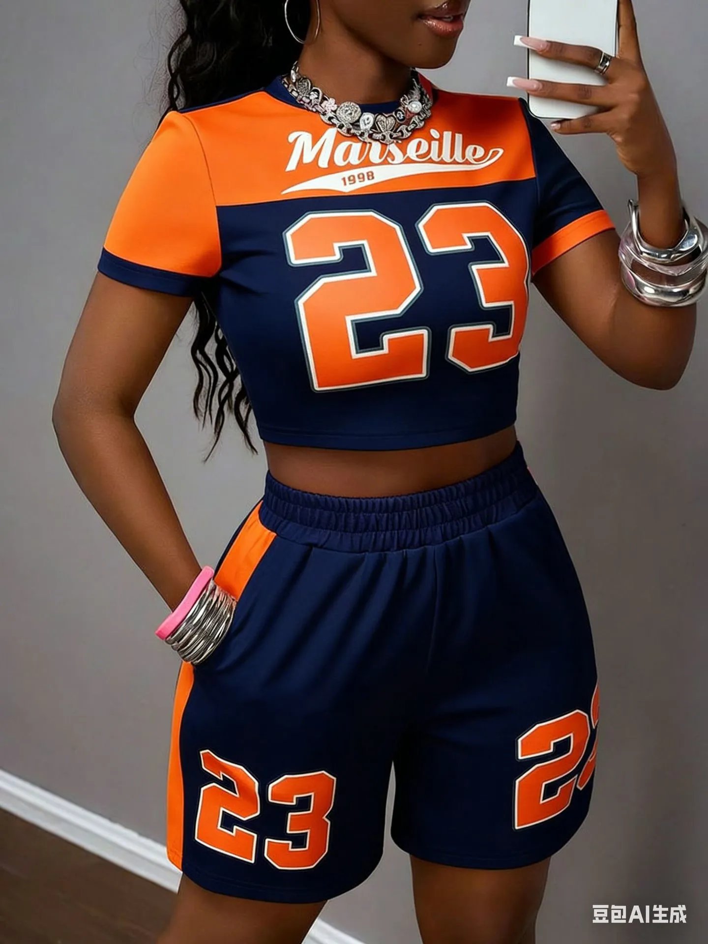 Olympique de Marseille Marseille 1998 Sporty Cropped Jersey Set Navy Orange Sets - 7