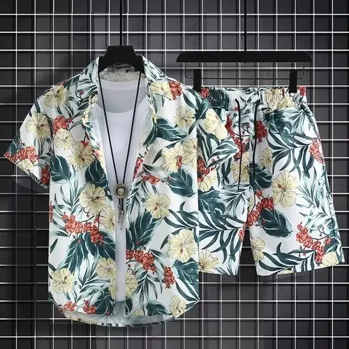 Design Floral Print Blue Short-Sleeve Shirt and Shorts Set - 7